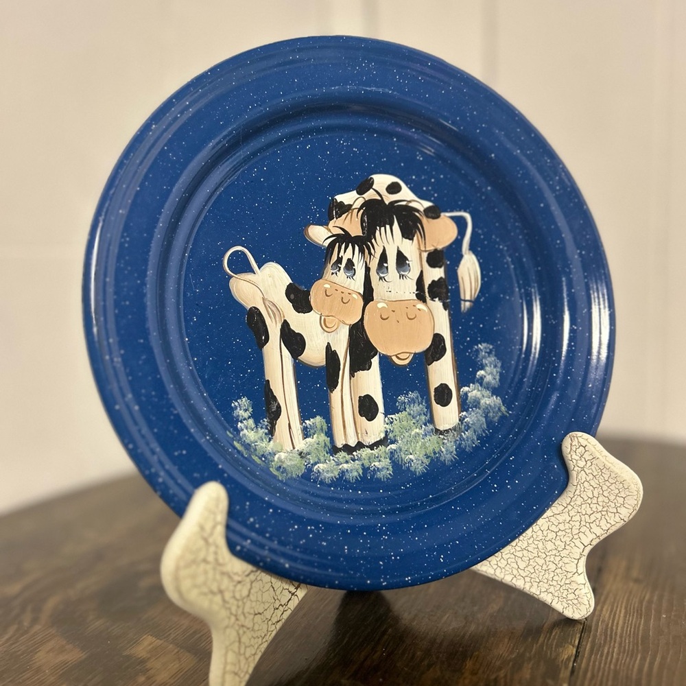 NWT Blue Speckled Hand-painted Cow Decorative Tin Plate, Farmhouse Style